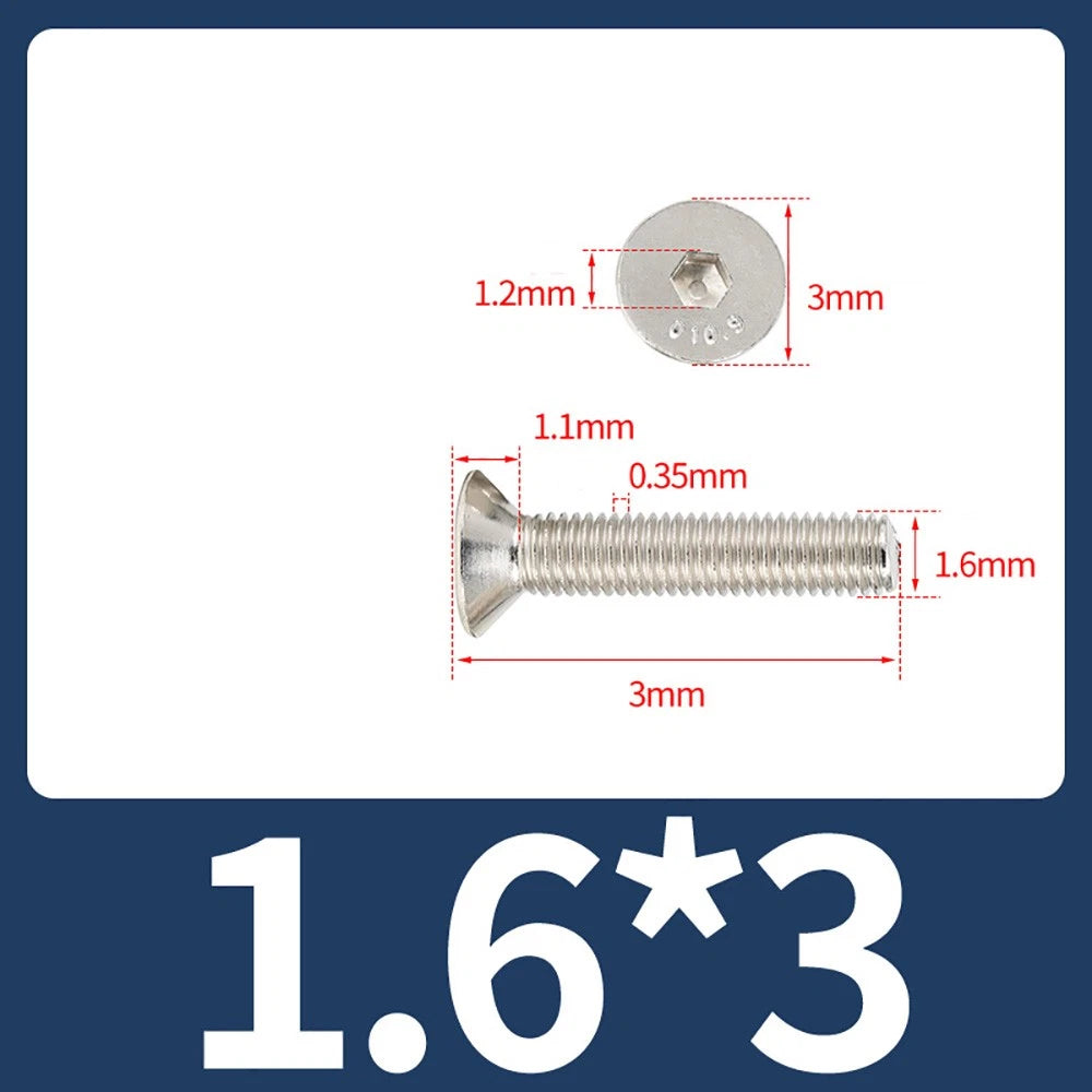Grade 10.9 Alloy Steel Countersunk Socket Head Screws — M1.6 to M4, 10–500 Pcs