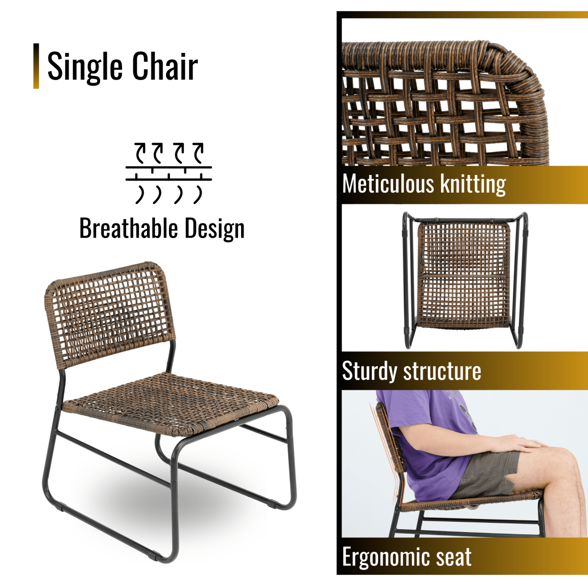 Patio Furniture Set 3 Piece Mixture Pattern PE Rattan Steel Frame And Modern Round Table, Brown and Black - HomeDIYer