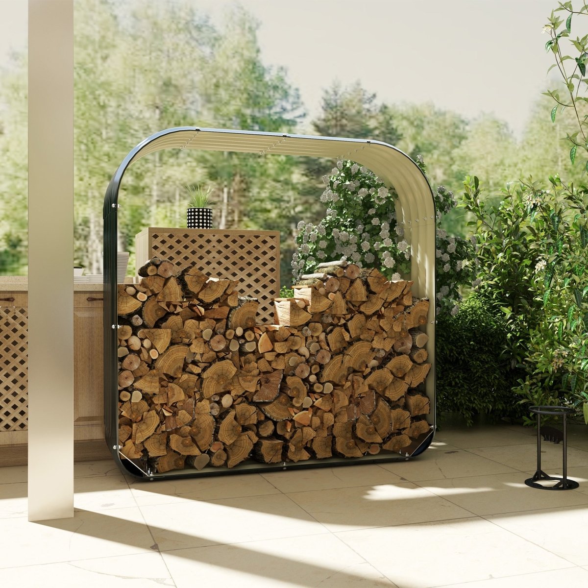 Outsunny Galvanized Steel Wood Shed Firewood Storage Rack, 4.7' x 1.4' x 4.7' Log Holder Storage Shed with Rubberized Edge for Safety & Gloves for Easy Assembly - HomeDIYer