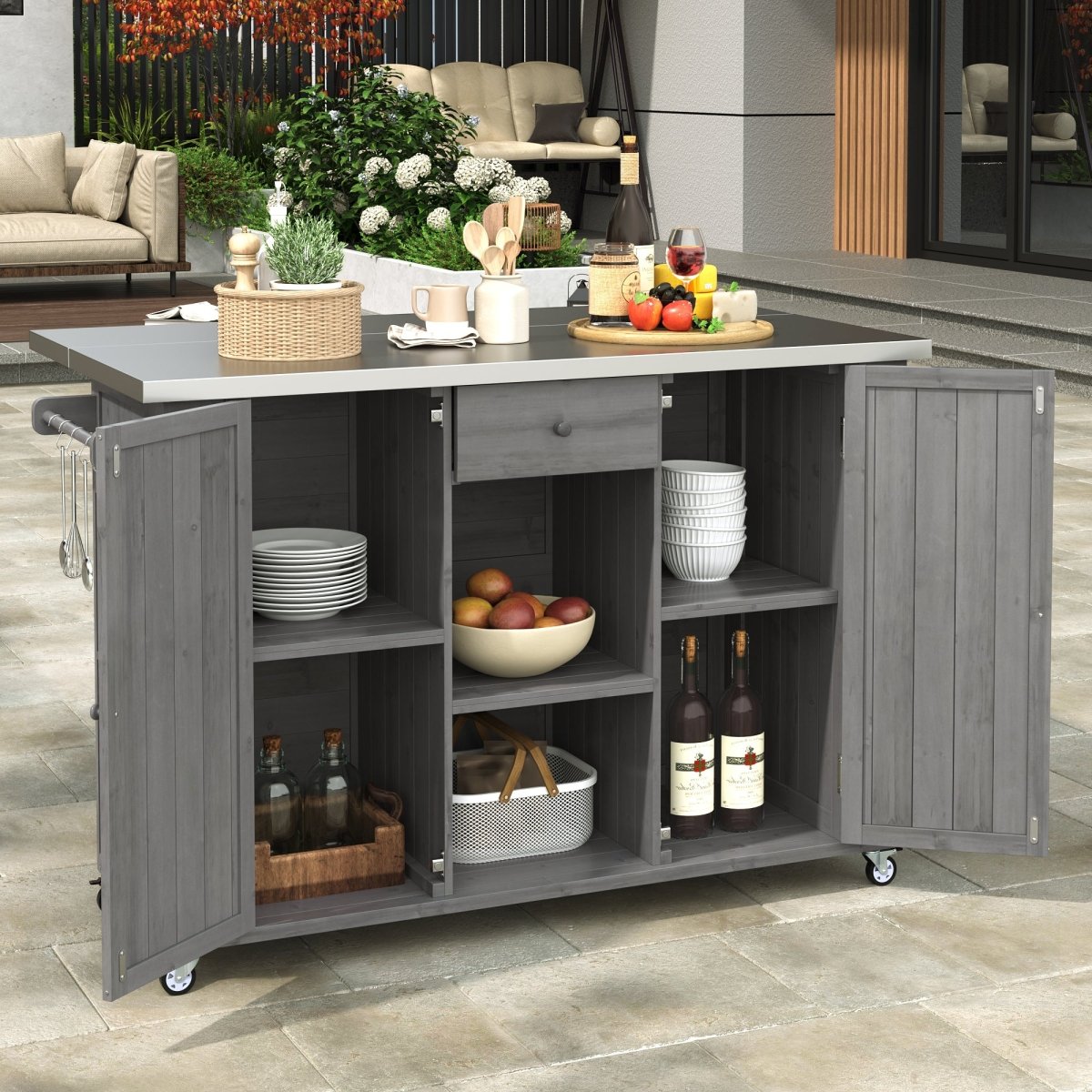 Grey Outdoor Kitchen Island with Stainless Steel Top | Foldable Fir Wood Prep Station - HomeDIYer