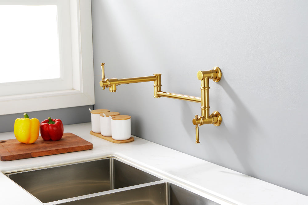 Wall Mounted Pot Filler Faucet – Brushed Gold, Two-Attachment Folding Swing Arm, Dual Handle, Solid Brass