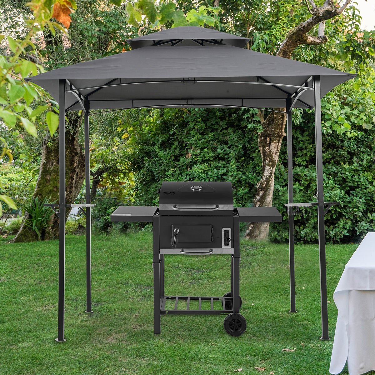 Outdoor Grill Gazebo 8 x 5 Ft, Shelter Tent, Double Tier Soft Top Canopy and Steel Frame with hook and Bar Counters - HomeDIYer