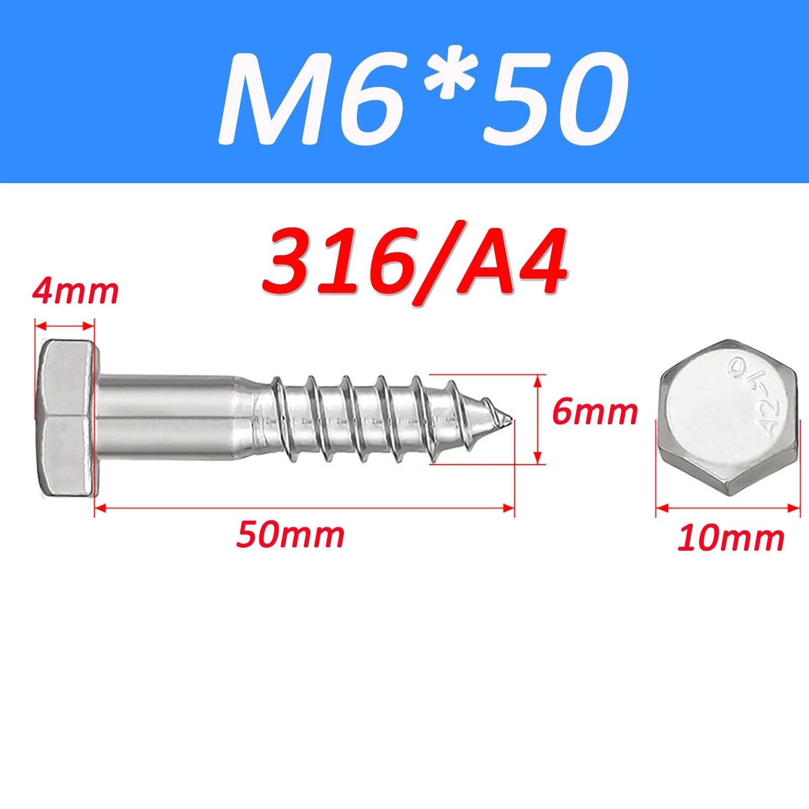 316 Stainless Steel Hex Head Lag Screws Marine Grade Wood Lag Bolts A4 Rustproof