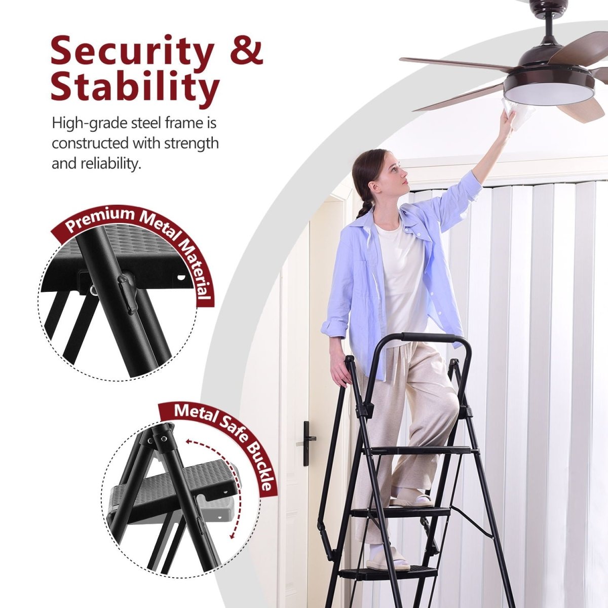 Four step ladder, lightweight folding four step stool, wide anti slip pedal and safety handle, sturdy steel ladder, multi - purpose step ladder, suitable for home, kitchen, and office elevators - HomeDIYer