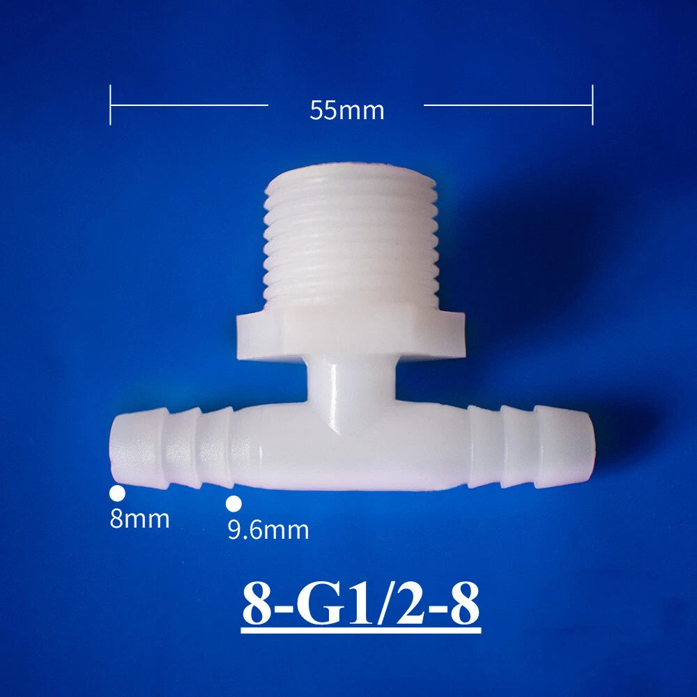 Plastic Barbed T-Piece Hose Connector with Male Thread — 4mm to 20mm Tube