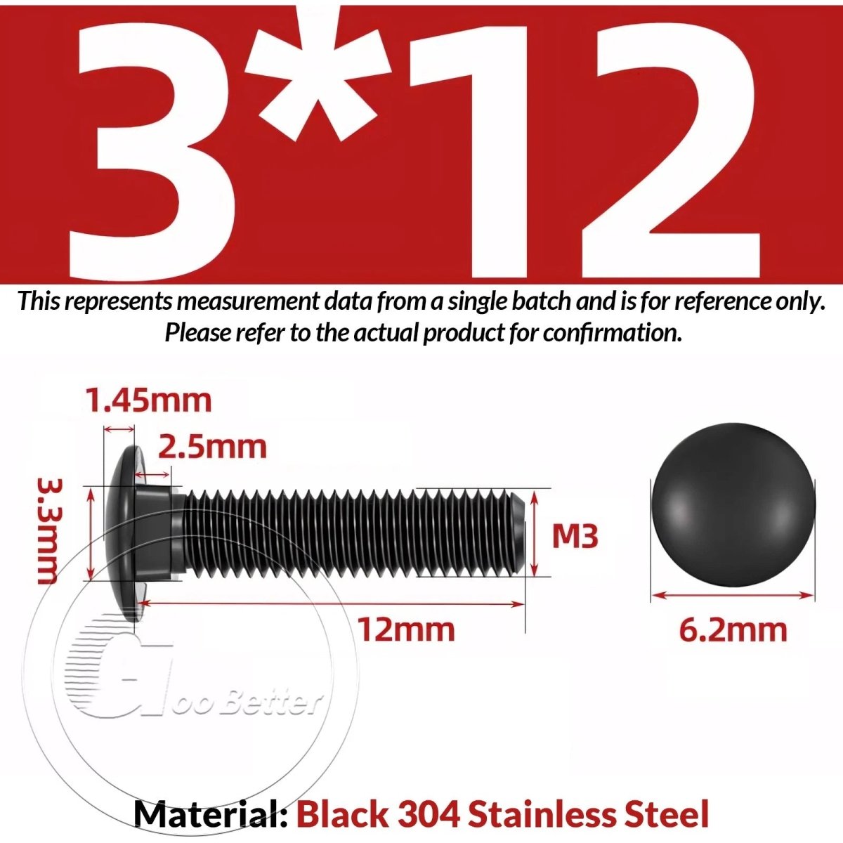Black Carriage Bolts M3 M4 M5 M6 — Cup Square Domed Head, A2 - 70 Stainless Steel - HomeDIYer