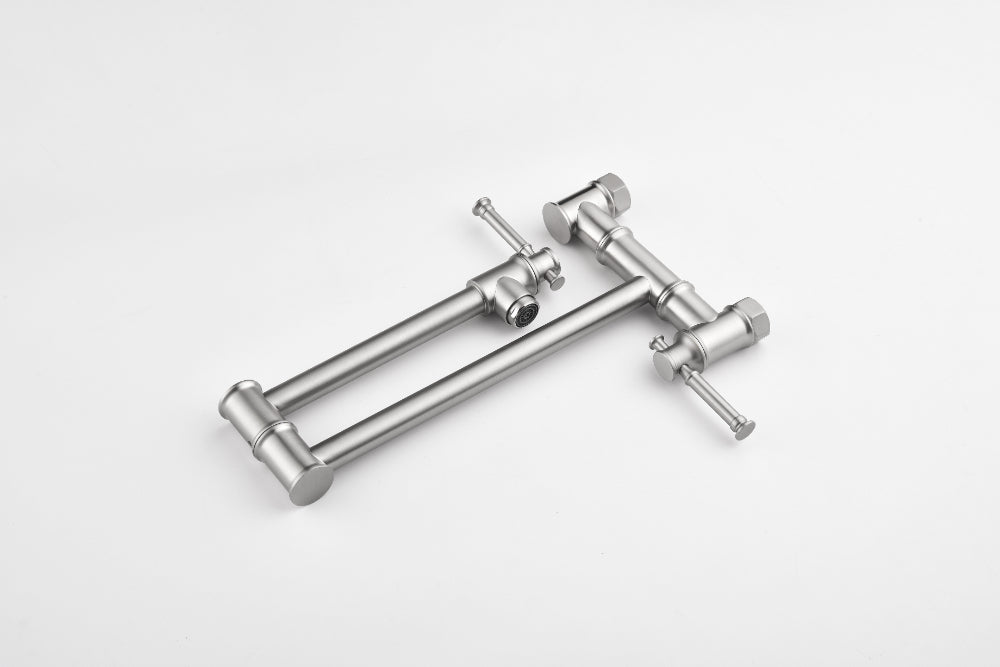 Wall Mounted Pot Filler Faucet – Brushed Nickel, Two-Attachment Folding Swing Arm, Dual Handle, Solid Brass