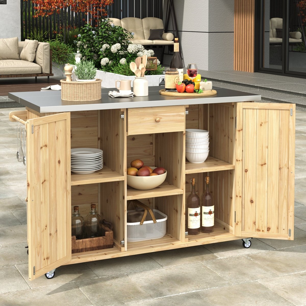 Natural Wood Outdoor Kitchen Island with Stainless Steel Top | Foldable Prep Station - HomeDIYer