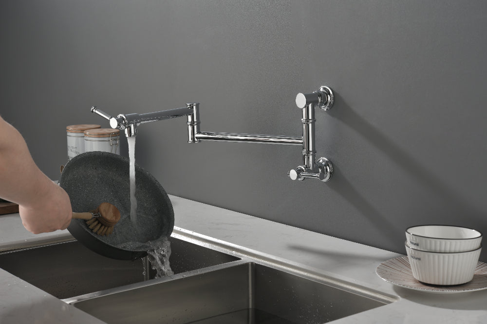 Wall Mounted Pot Filler Faucet – Chrome, Two-Attachment Folding Swing Arm, Dual Handle, Solid Brass