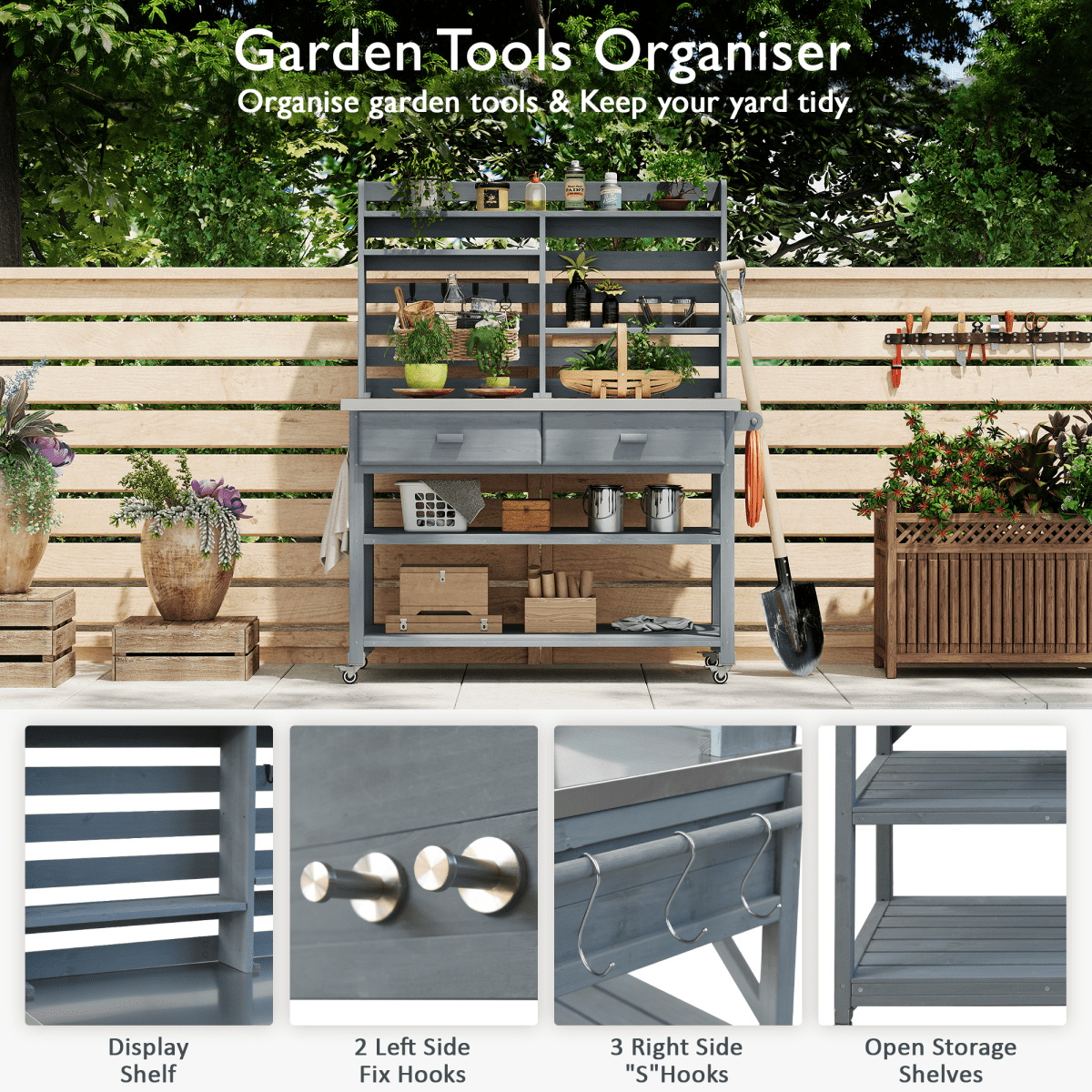 64.9"H Outdoor Potting Bench Table with Lockable Wheels, Solid Wood Outdoor Kitchen Island with Upper Hutch, Stainless Steel Top, Towel Rack ,Outdoor Storage for Grilling, Lawn Garden - Grey Blue - HomeDIYer