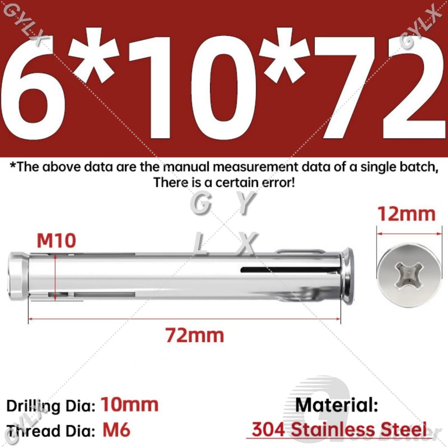 M6 Countersunk Sleeve Anchor Expansion Bolts — 304 / 201 Stainless Steel, Cross Drive