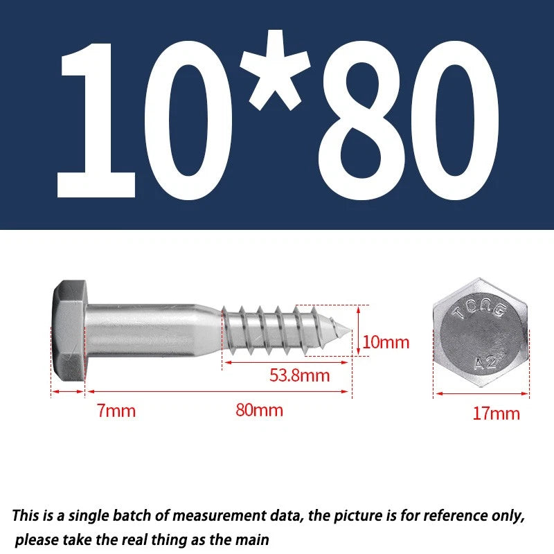 M10 10mm A2 STAINLESS STEEL SCREWS HEX HEAD LAG BOLTS WOOD SCREW BOLT DIN571