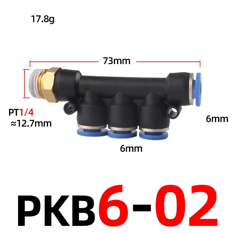 Pneumatic Push-In Hose Fittings — 5-Way Connectors, 4mm–10mm Hose to 1/8" 1/4" 3/8" Thread