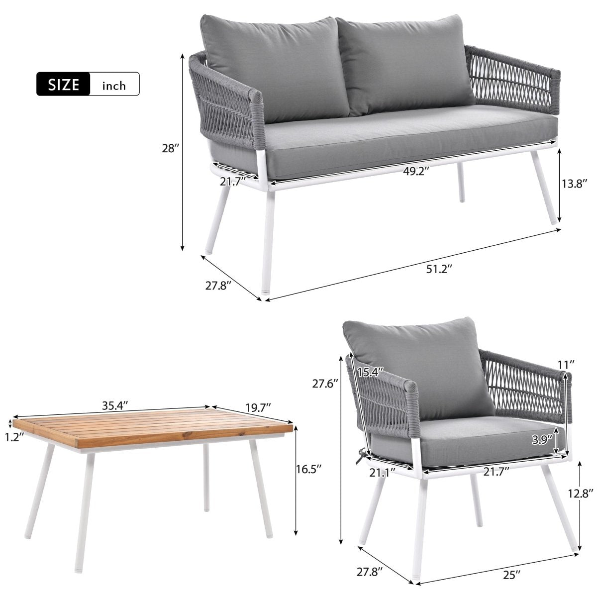 4 - Piece Boho Rope Patio Furniture Set, Outdoor Furniture with Acacia Wood Table, Patio Conversation Set with Deep Seating & Thick Cushion for Backyard Porch Balcony, Grey - HomeDIYer