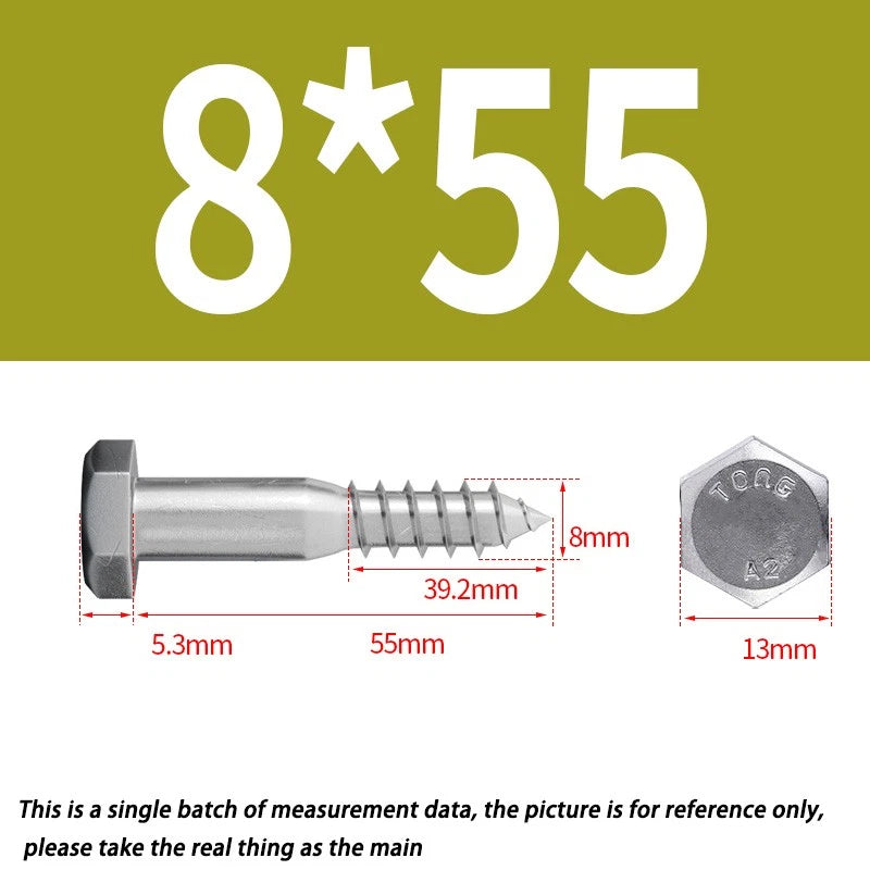8mm M8 A2 STAINLESS STEEL SCREWS HEX HEAD LAG BOLTS WOOD SCREW BOLT DIN571