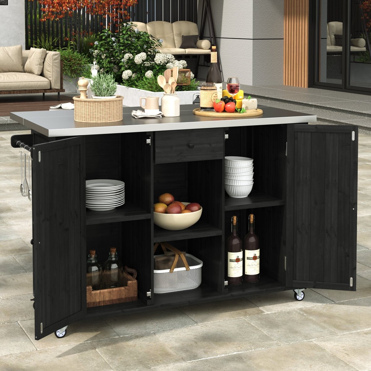 Outdoor Kitchen Island with Stainless Steel Top | Foldable Fir Wood Prep Statio - HomeDIYer