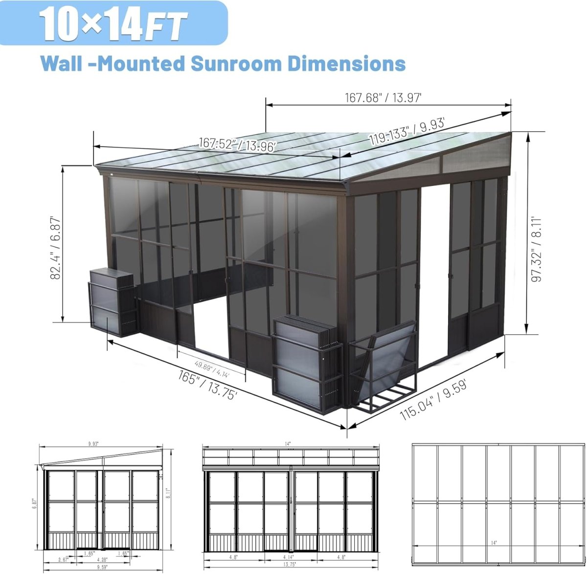 10x14FT All Season Sunroom, Outdoor Permanent Wall Mounted Solarium with Detachable Polycarbonate Windows, Aluminum Lean to Gazebo Sun Room with 2 Lockable Sliding Doors for Garden Patio Deck - HomeDIYer