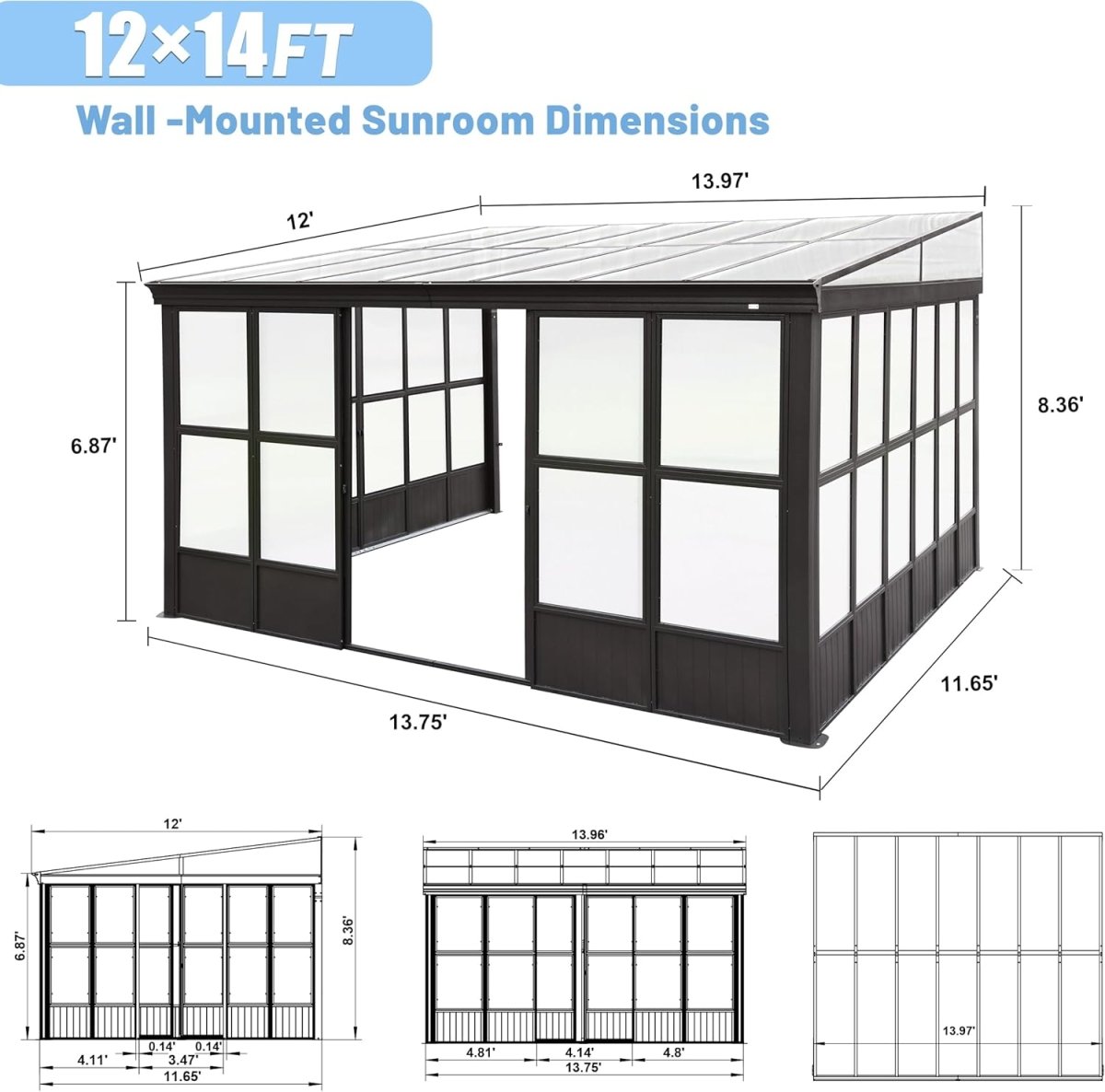 12x14FT All Season Sunroom, Outdoor Permanent Wall Mounted Solarium with Detachable Polycarbonate Windows, Aluminum Lean to Gazebo Sun Room with 2 Lockable Sliding Doors for Garden Patio Deck - HomeDIYer