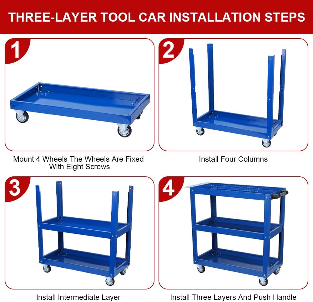 Tool Cart, 3 - Tier Rolling Mechanic Tool Cart, Heavy Duty Steel Utility Cart with Lockable Wheels, 450 LBS Capacity Industrial Service Cart for Garage, Warehouse, Workshop (Blue) - HomeDIYer