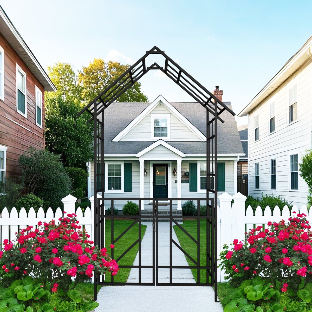 Metal Garden Arch with Gate W58.07*H97.24 Climbing Plants Support Rose Arch Outdoor Black - HomeDIYer