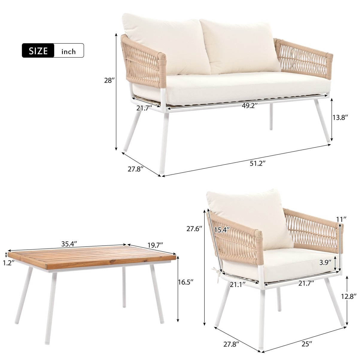 4 - Piece Boho Rope Patio Furniture Set, Outdoor Furniture with Acacia Wood Table, Patio Conversation Set with Deep Seating & Thick Cushion for Backyard Porch Balcony, Beige - HomeDIYer
