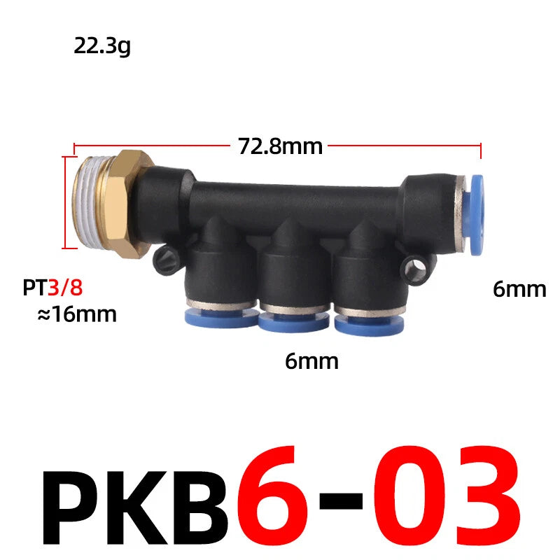 Pneumatic Push-In Hose Fittings — 5-Way Connectors, 4mm–10mm Hose to 1/8" 1/4" 3/8" Thread