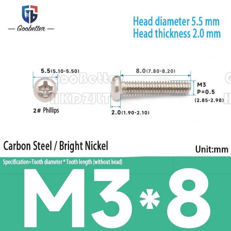 M3 Phillips Round Pan Head Machine Screws — Carbon Steel, 4–30mm, 100–500 PCS - HomeDIYer