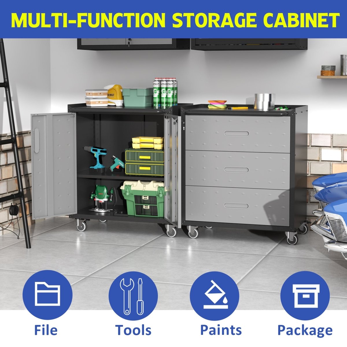 Heavy - Duty Metal Garage Storage Cabinet with Wheels - Sturdy and Durable Tool Storage Cabinet for Garage, Office, and Home Organizer Solutions - HomeDIYer