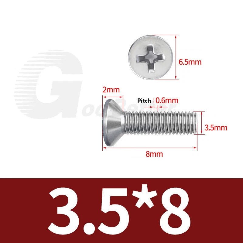M1–M3.5 Phillips Countersunk Machine Screws – 304 Stainless Steel, Fully Threaded (3–120mm Overall Length) - HomeDIYer