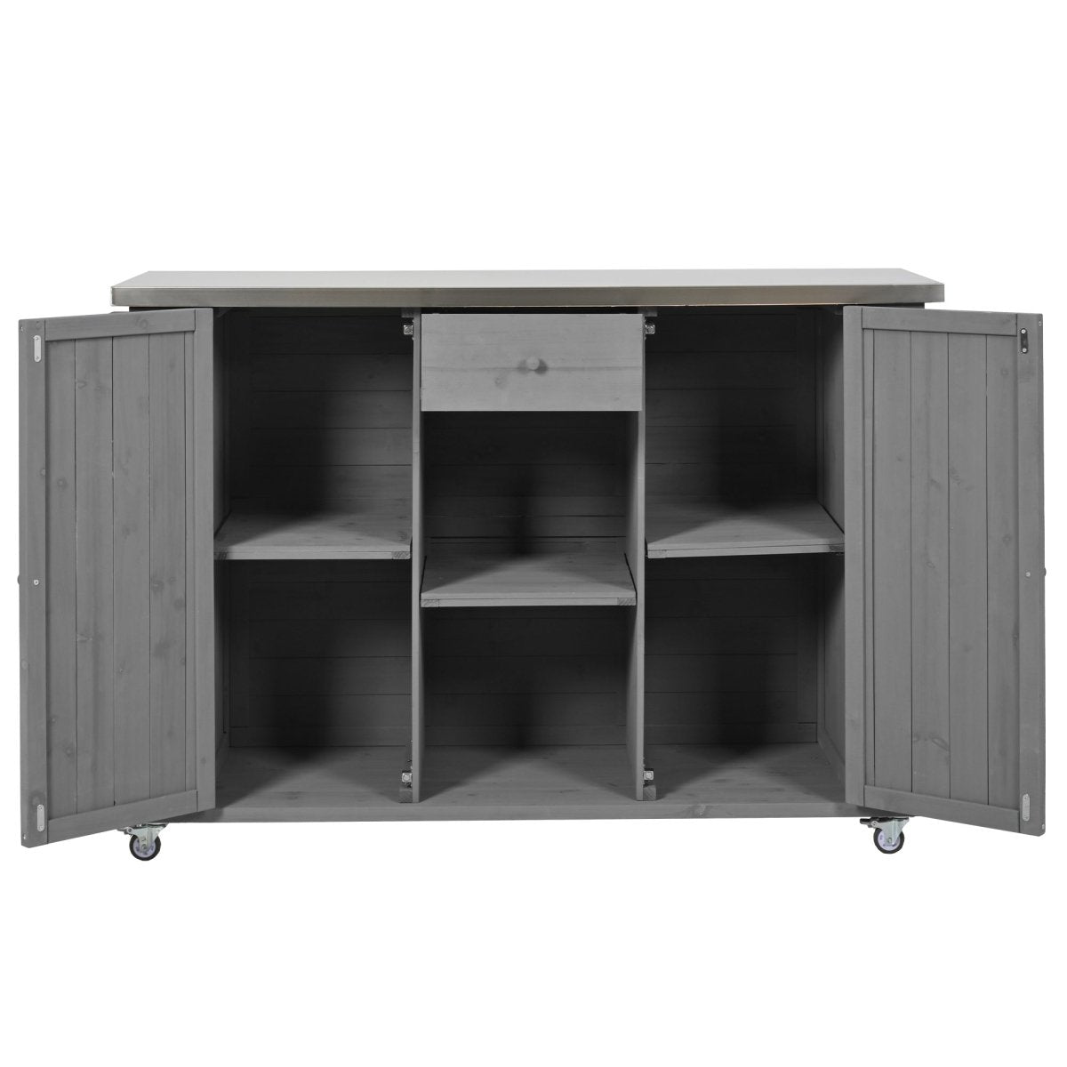 Grey Outdoor Kitchen Island with Stainless Steel Top | Foldable Fir Wood Prep Station - HomeDIYer