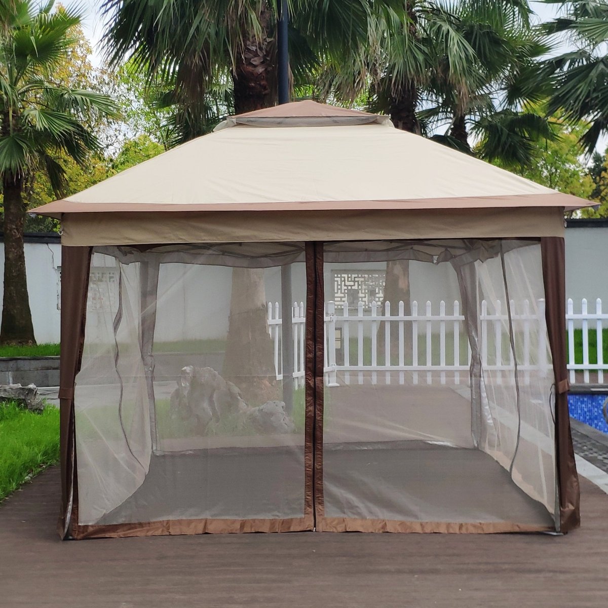Outdoor 11x 11Ft Pop Up Gazebo Canopy With Removable Zipper Netting,2 - Tier Soft Top Event Tent,Suitable For Patio Backyard Garden Camping Area,Coffee - HomeDIYer