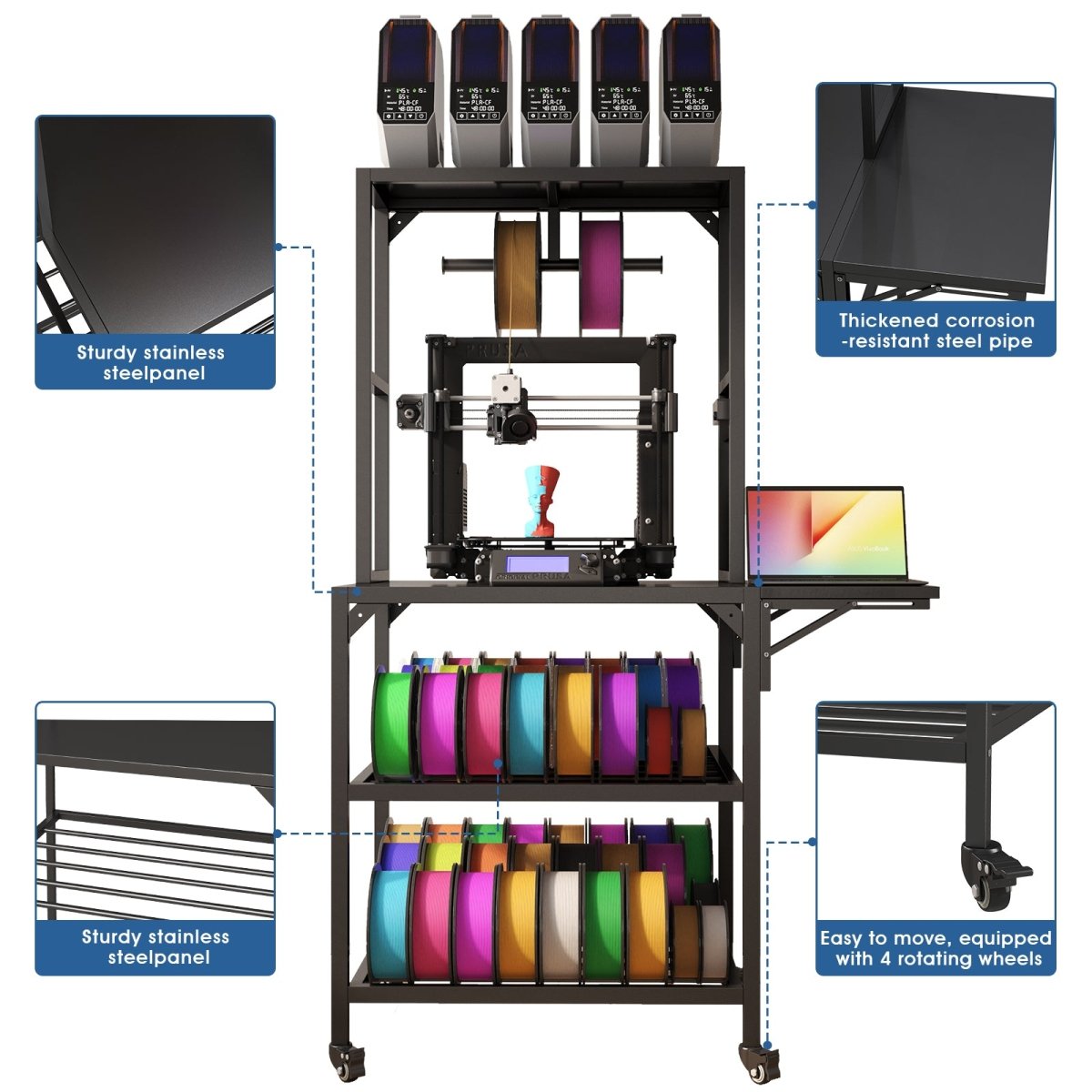 3D Printer Stand, Heavy Duty 3D Printer Table Stand with Filament Storage Rack, T - Shaped Spools Holder Rack with Wheels,3D Printer Workbench for 3D Printing Studio, Home Office Workshop - HomeDIYer