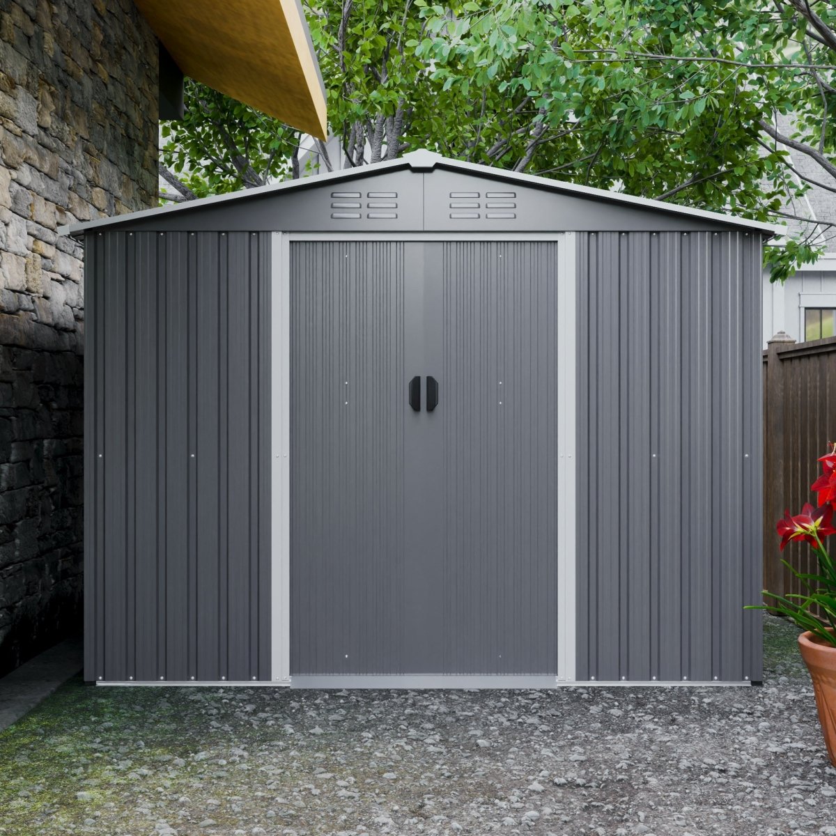 8x6 FT Outdoor Tool Storage Shed with Metal Foundation & Lockable Doors, All Weather Metal Sheds for Garden, Patio, Backyard, Lawn, Gray - HomeDIYer