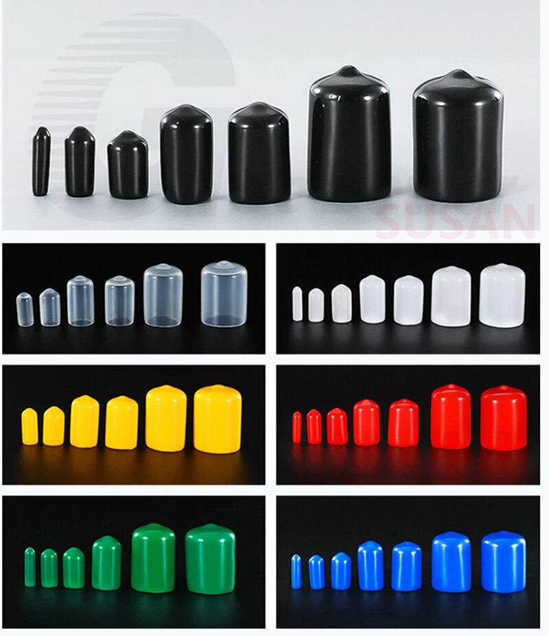 PVC End Caps for Screws, Bolts, Rods & Tubes – Thread Cover Protector, Cable Insulation Caps (1.3mm – 90mm, Black, 15-50mm Lengths)