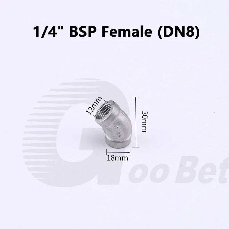 Stainless Steel 45° Elbow BSP Female Threaded Pipe Fitting — 304 SS, 1/8" to 2" (DN6–DN50)
