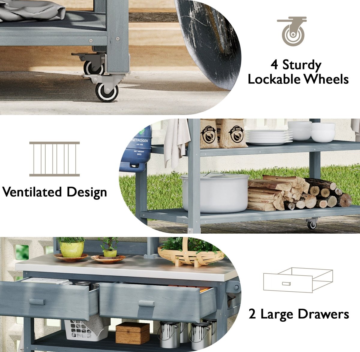 64.9"H Outdoor Potting Bench Table with Lockable Wheels, Solid Wood Outdoor Kitchen Island with Upper Hutch, Stainless Steel Top, Towel Rack ,Outdoor Storage for Grilling, Lawn Garden - Grey Blue - HomeDIYer