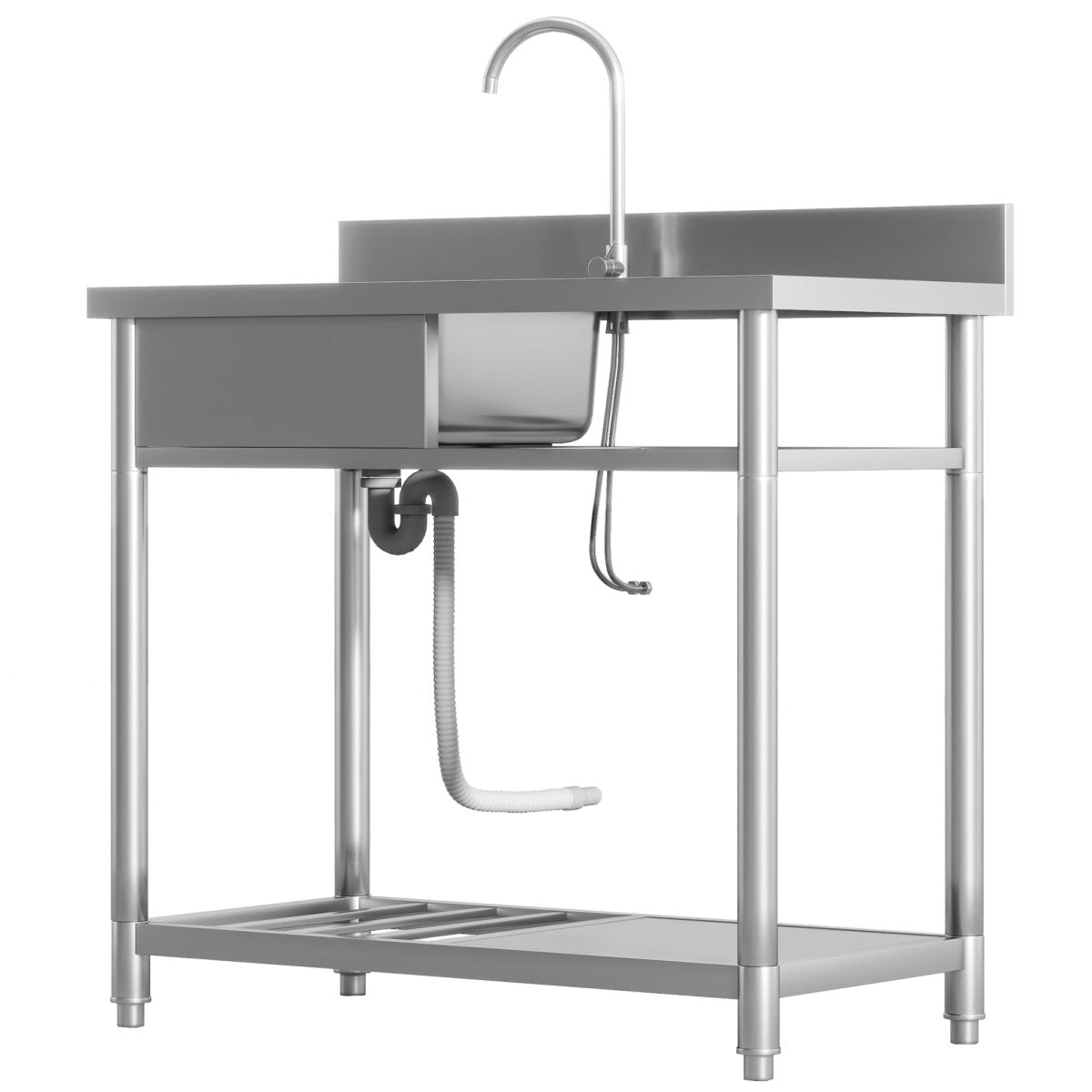 Outdoor Utility Sink, Deep Stainless Steel Sink, Free Standing Single Bowl Kitchen Sink with Cold and Hot Water Pipe and Storage Shelf for Laundry Garage, 39 Inch - HomeDIYer