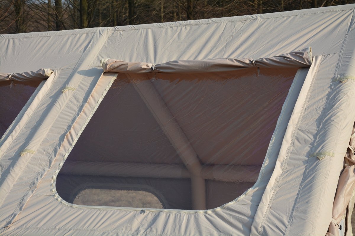 9.8 x13ft Inflatable Camping Tents with Hand Pump, Air Glamping Tents, Easy Setup Waterproof and Windproof Blow up Tent, 4 Seasons Oxford Cabin Tent with Mesh & Chimney Window. Beige - HomeDIYer