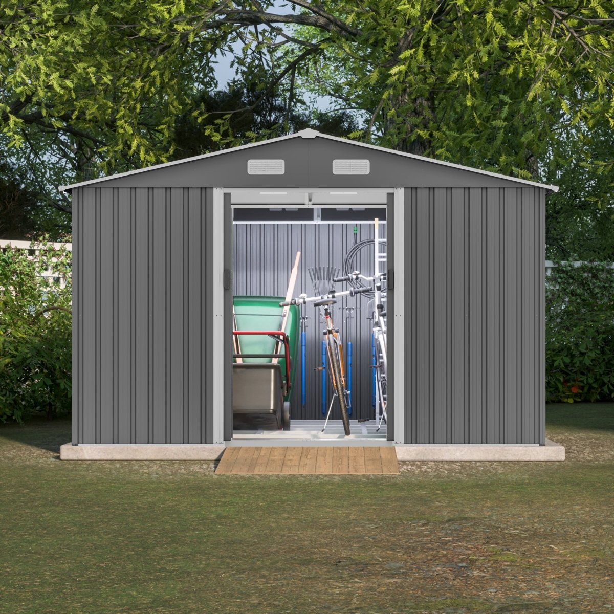 10X8 FT Outdoor Tool Storage Shed with Metal Foundation & Lockable Doors, All Weather Metal Sheds for Garden, Patio, Backyard, Lawn, Gray - HomeDIYer