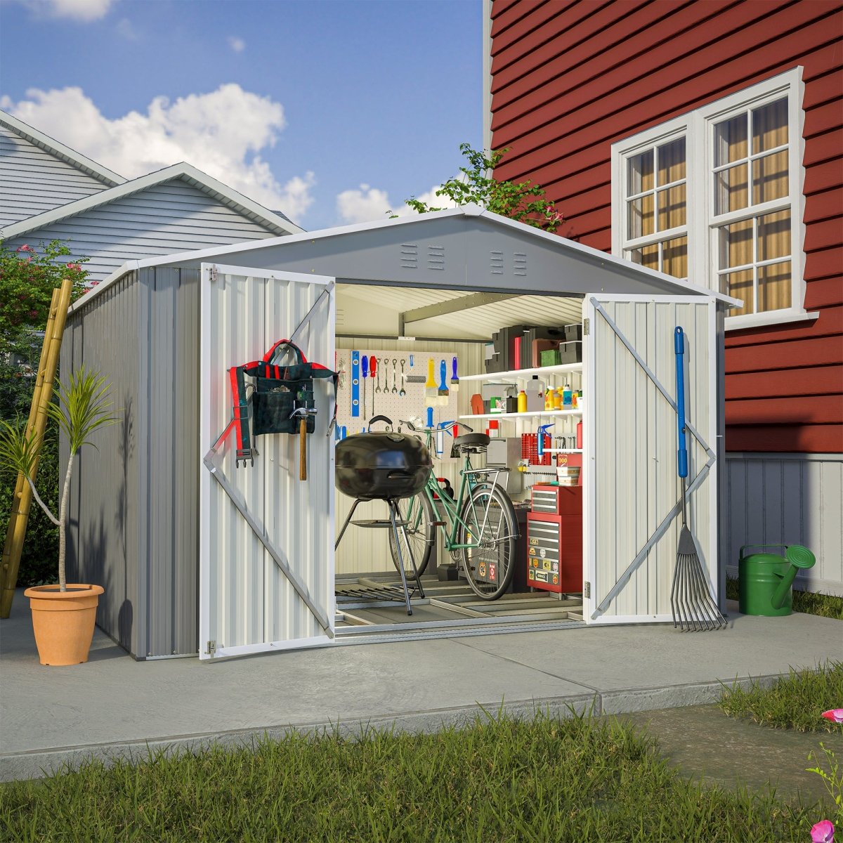 10X8 FT Outdoor Tool Storage Shed with Metal Foundation & Lockable Doors, All Weather Metal Sheds for Garden, Patio, Backyard, Lawn, Gray - HomeDIYer
