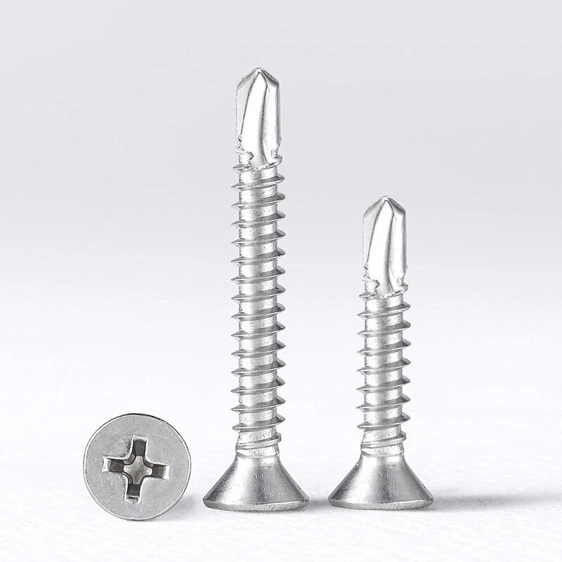 #6 #7 #8 #10 #12 #14 Flat Head Self Drilling Screws – 304/410 Stainless & Zinc Plated Steel