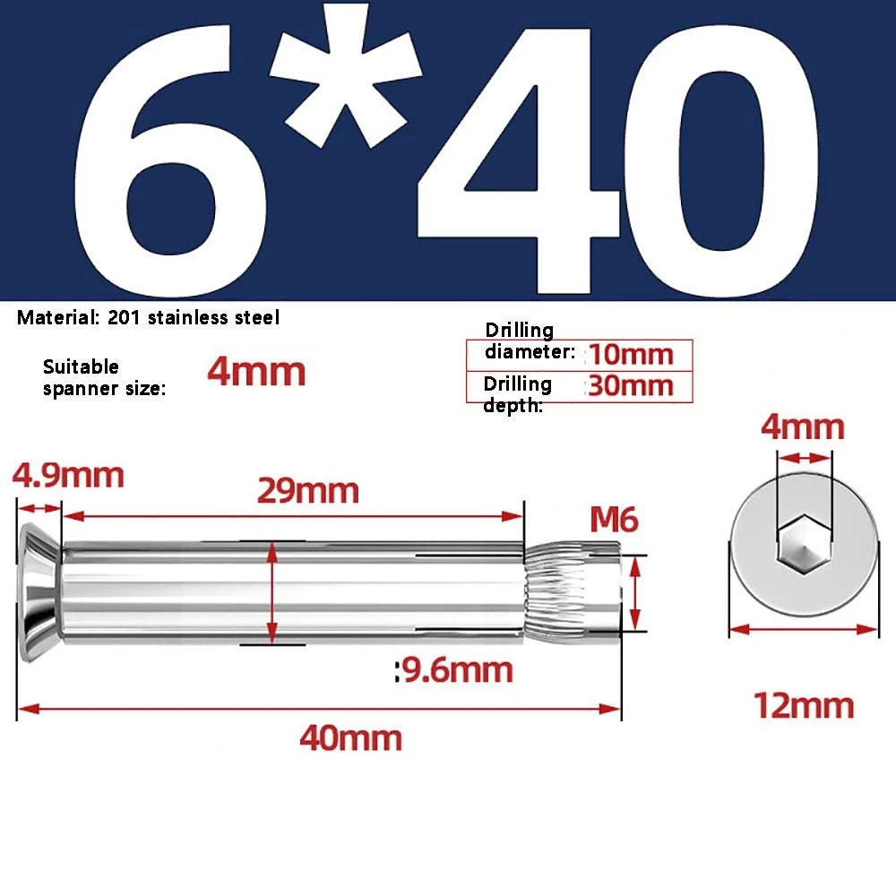 M6–M12 Countersunk Expansion Bolts | 201 Stainless Steel Hex Socket Sleeve Anchors