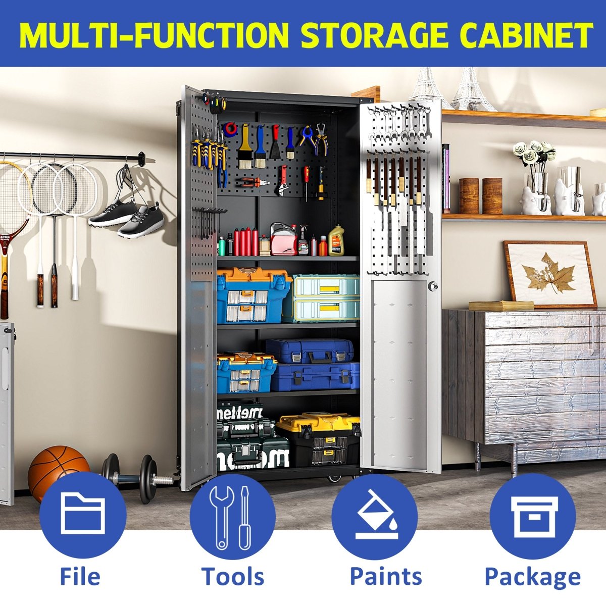 71" Metal Garage Storage Cabinet with Wheels - Heavy - Duty Tool Storage Cabinet for Home, Office, School, and Garage Organization, Black/Gray - HomeDIYer