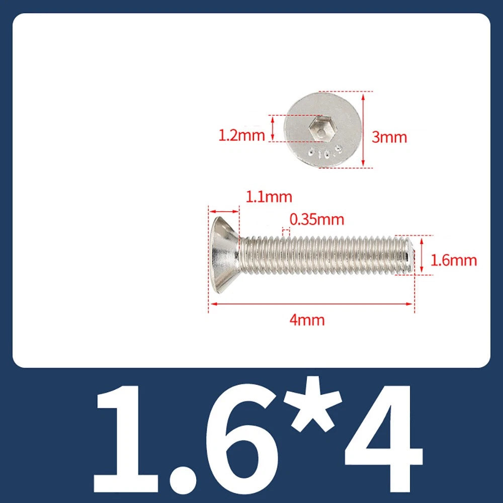 Grade 10.9 Alloy Steel Countersunk Socket Head Screws — M1.6 to M4, 10–500 Pcs