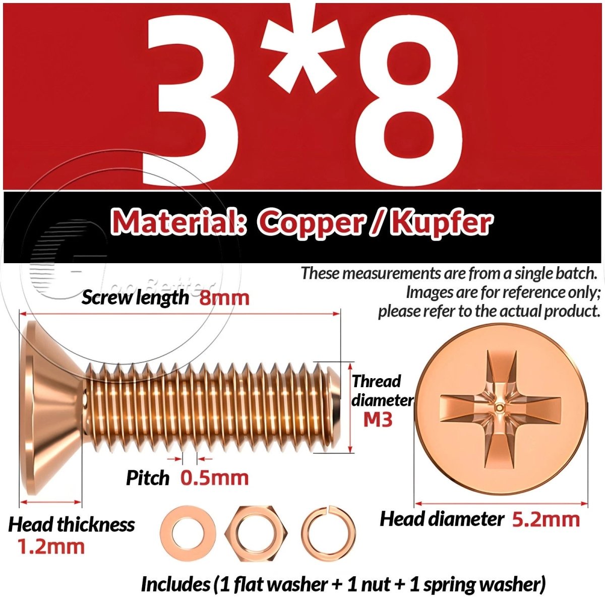 T2 Copper Pozi Countersunk Machine Screws with Flat Washer & Nut | M3–M10 - HomeDIYer