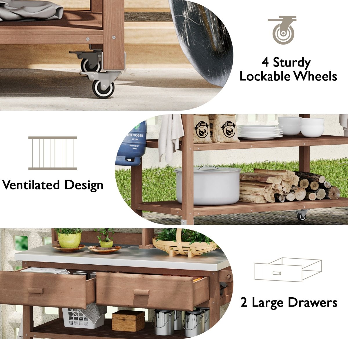64.9"H Outdoor Potting Bench Table with Lockable Wheels, Solid Wood Outdoor Kitchen Island with Upper Hutch, Stainless Steel Top, Towel Rack ,Outdoor Storage for Grilling, Lawn Garden - Brown - HomeDIYer