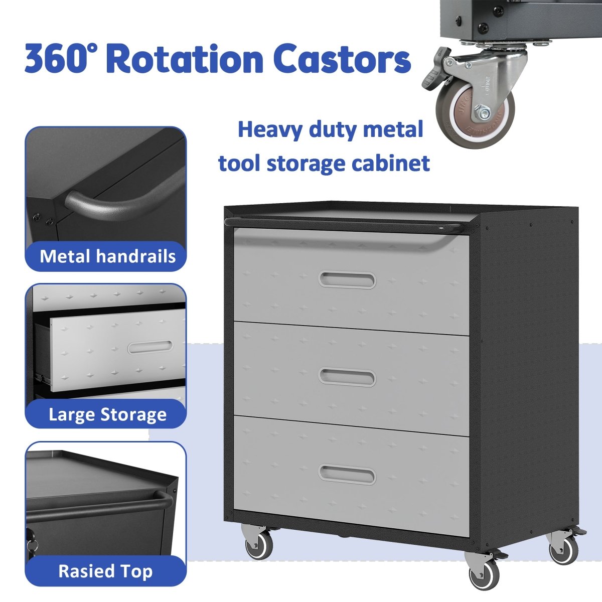 Heavy - Duty Metal Storage Cabinet with Wheels - 3 Drawer Tool Cabinet for Garage, Office, and Home Organizer Solutions, Black/Gray - HomeDIYer