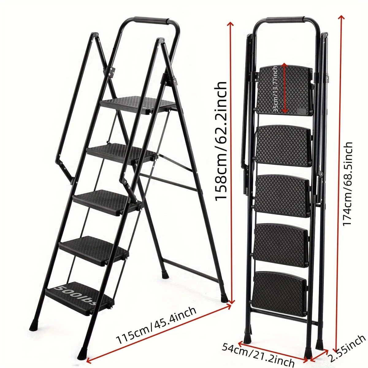 5 - step ladder, folding ladder stool, with anti slip wide pedals, steel ladder, with safety anti slip handle, lightweight 300 pound portable steel ladder stool in black - HomeDIYer