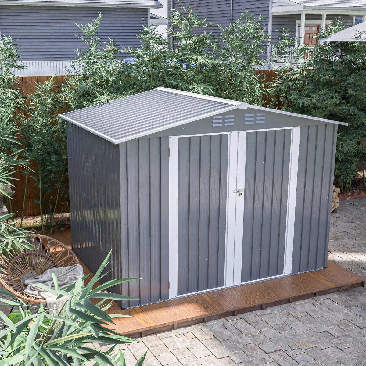 8 x 6 FT Outdoor Waterproof Garden Tool Storage Sheds with Metal Foundation with Floor Frame, Tool Shed with Lockable Hinged Doors & Air Vents, Storage House Waterproof for Backyard, Lawn, Gray - HomeDIYer