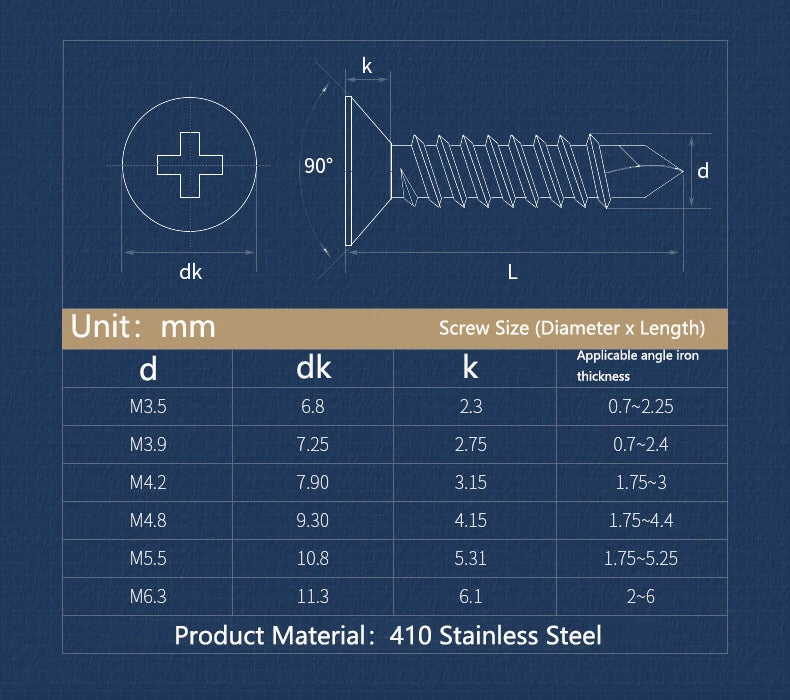 #6 #7 #8 #10 #12 #14 Countersunk Head Self Drilling Tek Screws – 410 Stainless Steel